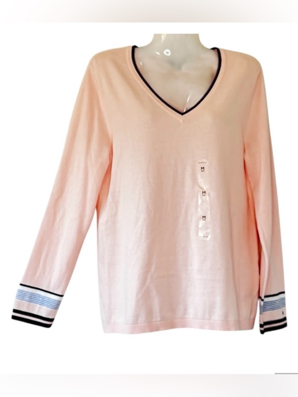 Tommy Hilfiger NEW Pink V-Neck Sweater Blue Trim Tennis Classic Women’s Size Med - Picture 10 of 10